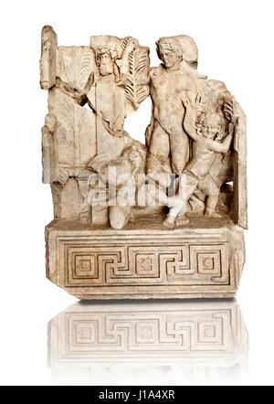 Römischer Tempel freize Releif Skulptur, Allegorie eines sportlichen Wettbewerbs [Agon], Aphrodisias Museum, Aphrodisias. Die Säule mit einem bärtigen Kopf o Stockfoto