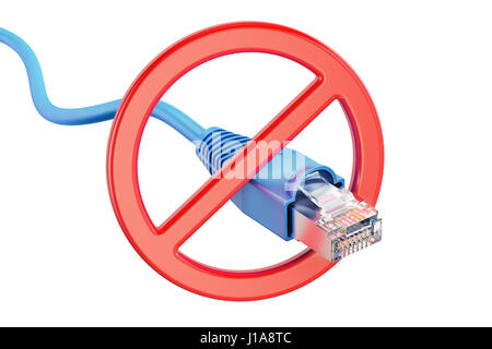 Verbotene Zeichen mit Netzwerk-Computer-Kabel, 3D-Rendering isolierten auf weißen Hintergrund Stockfoto