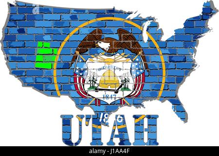 Utah auf eine Mauer - Illustration, Schriftart mit der Flagge von Utah, Utah Karte auf eine Mauer Stock Vektor