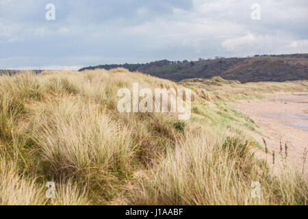 Menschen genossen die langen Strand, die zwischen Porthcawl und Ogmore Meer in Süd-Wales, heute 17. April 2017 erstreckt. Trockener, aber bewölkter Tag nicht st Stockfoto