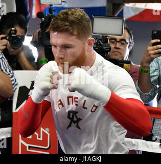 San Diego CA. 19. April 2017. Ehemaligen zwei-Teilung World Champion Canelo Alvarez arbeitet für die Medien in San Diego am Mittwoch. 19 April vor seiner Cinco De Mayo Wochenende Showdown gegen den ehemaligen WBC-Mittelgewichts-World Champion Julio Cesar Chavez, Jr. Der Kampf ist am Samstag, den 6. Mai. bei der T-Mobil-Arena und der Super-Kampf produziert und vertrieben werden live von HBO Pay-pro-View.Photo von Gene Blevins/LA Daily News/ZumaPress. Bildnachweis: Gene Blevins/ZUMA Draht/Alamy Live-Nachrichten Stockfoto