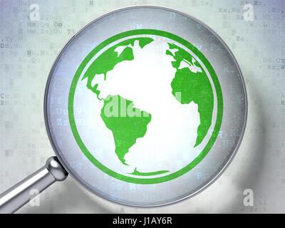 Lernkonzept: Globus mit optischem Glas auf digitalen Hintergrund Stockfoto