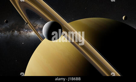 Saturnmond Enceladus vor Planeten Saturn, Ringe, andere Monde und der Milchstraße (3D-Illustration, Elemente des Bildes sind eingerichtet mit Stockfoto