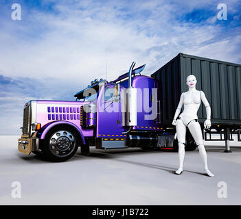 Weiblichen Cyborg stehen in der Nähe von lila semi-LKW Stockfoto
