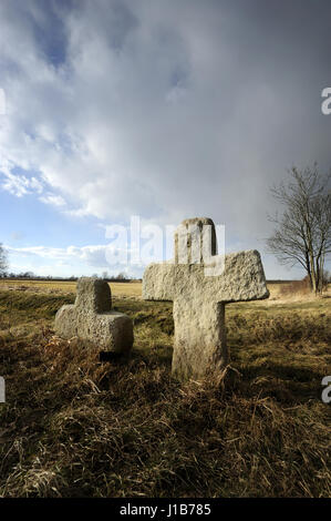 Die Kreuze der Buße sind monolithische, einfachen und strengen Stein Formen in Form eines Kreuzes durch Mörder an den Ort des Mordes erhoben. Stockfoto