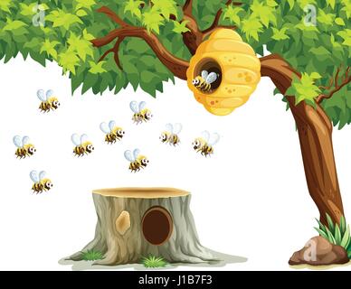 Bienen fliegen um Bienenstock auf die Baum-illustration Stock Vektor