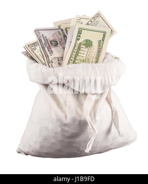 Sack mit Geld-US-Dollarnoten Währung oder US Dollar Banknoten in eine Geld-Beutel auf weißem Hintergrund Stockfoto