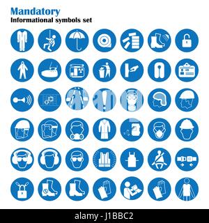 Satz von Sicherheit und Gesundheit Schutz Zeichen. Obligatorische Anzeichen für Bau und Industrie. Sammlung von Sicherheitsausrüstung. Schutz auf Arbeit. Vektor-illustration Stock Vektor