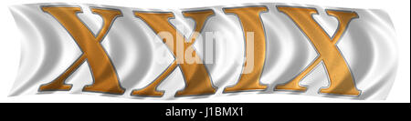 Im Wind flatternde Fahne mit römischen Ziffern XXIX, Novem et Viginti, 29, 29, isoliert auf weißem Hintergrund, 3d Render Stockfoto
