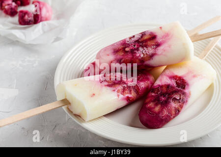 Hausgemachtes Joghurt Eis am Stiel dekoriert mit Blutorange Scheiben auf weißen Teller über graue Leuchttisch Stockfoto