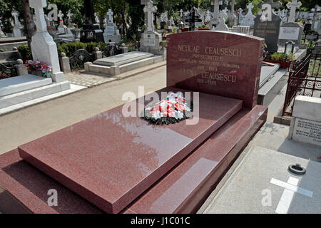 Das gemeinsame Grab von Nicolae & Elena Ceausescu, Rumäniens Ex-Diktator während der kommunistischen Ära, Ghencea-Friedhof, Bukarest, Rumänien. Stockfoto