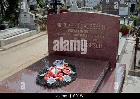 Das gemeinsame Grab von Nicolae & Elena Ceausescu, Rumäniens Ex-Diktator während der kommunistischen Ära, Ghencea-Friedhof, Bukarest, Rumänien. Stockfoto