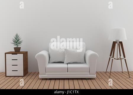 doppelten weißen Sofa in weißen Raum mit Lampe und Baum in 3D Rendern Bild Stockfoto