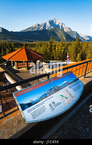 Interpretierende Display mit Blick auf den Bow Valley, Höhle und Basin National Historic Site, Banff Nationalpark, Alberta, Kanada Stockfoto