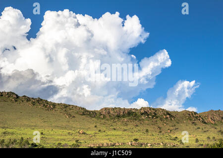 Lauernden Wolken am blauen Sonne Sommerhimmel kriecht über felsige grünen Hügeln Stockfoto