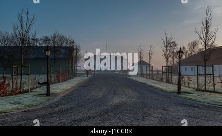 Auffahrt zum Bauernhaus in Sonnenaufgang und Nebel über südlichen dänischen Ackerland in der Nähe von Skærbæk, Dänemark Stockfoto