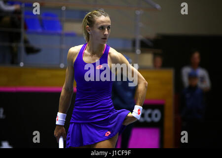 Charkiw, UKRAINE - 11. Februar 2017: Lesia TSURENKO der Ukraine bereitet, während BNP Paribas FedCup-Tennis-Spiel gegen Daria GAVRILOVA aus dienen Stockfoto