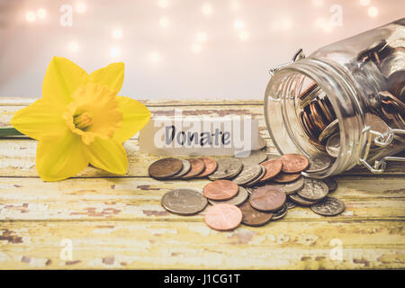 Verkauf Geld jar Einsparungen motivationalen Konzept auf Holzbrett mit gelben Narzissen Blume Stockfoto