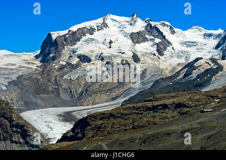 Monte-Rosa-Massiv mit Hauptgipfel Nordend und Dufour und Gletscher Grenzgletscher und Gornergletscher auf der Unterseite, Zermatt, Wallis, Schweiz Stockfoto