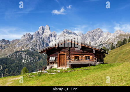 Traditionelle Berghütte auf der Weide in den österreichischen Alpen Stockfoto