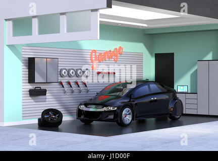 Rote Auto in stilvollen Garage. 3D-Rendering Bild. Stockfoto