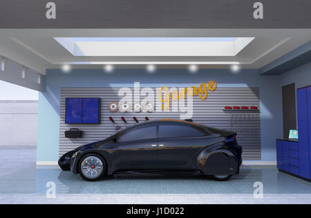 Seitenansicht der schwarze Wagen in eine stilvolle Garage parken. 3D-Rendering Bild. Stockfoto