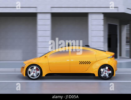 Seitenansicht des gelbes Taxi vorbei an der Kreuzung. 3D-Rendering Bild. Stockfoto