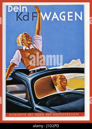 VW 1930er KdF WAGEN Propaganda Poster 1930er Nazi Deutschland Volkswagen mit 'Kraft durch Freude' KdF-WAGEN (Kraft durch Freude) offener WAGEN mit glücklichem idealistischem blondem deutschen Arienpaar, das 'das Volksauto' von Nazi-Deutschland-Designer Dr. Ferdinand Porsche genießt. Auskunfte bei allen KDF-dienststellen Stockfoto