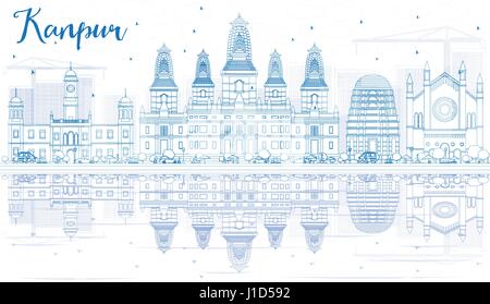 Umriss Kanpur Skyline mit blauen Gebäuden und Reflexionen. Vektor-Illustration. Geschäftsreisen und Tourismus-Konzept mit historischer Architektur. Stock Vektor