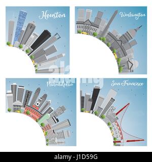 Satz von 4 Stadt in Usa. Houston, Washington DC, Philadelphia, San Francisco. Vektor-Illustration. Stock Vektor