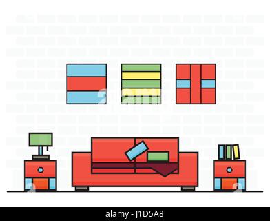 Rotes Sofa mit zwei Randsteinen. Vektor-Illustration. Innenraum. Stock Vektor