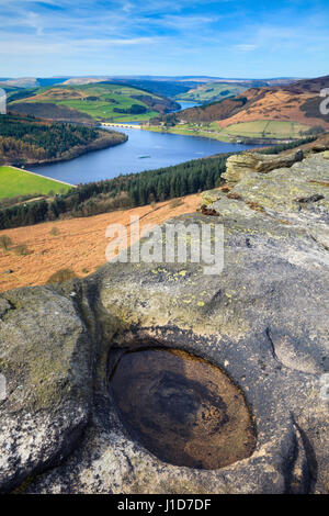 Ladybower Vorratsbehälter eingefangen von Bamford Kante im Peak District National Park Stockfoto