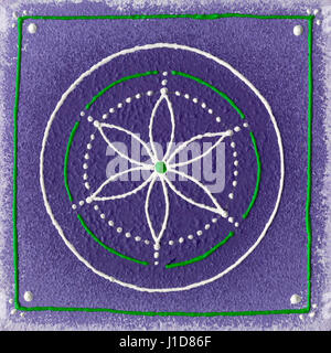 Der Samen des Lebens mit mit grünen und violetten Farben handbemalt. Stockfoto