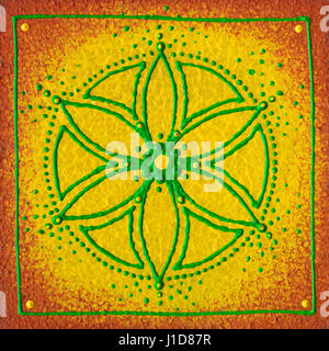 Mandala mit gelb grün und orange Farben auf ein Stück quadratische Holz handbemalt. Stockfoto