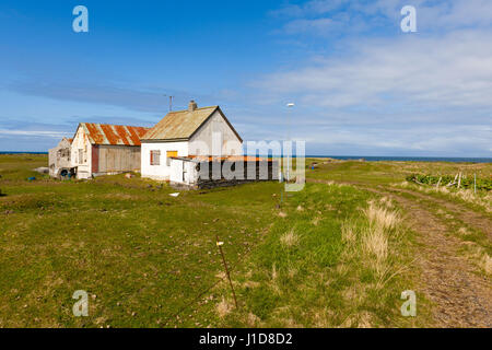 Verfallenes Haus in der Nähe von Kalfatjörn, West Island, Nordeuropa Stockfoto