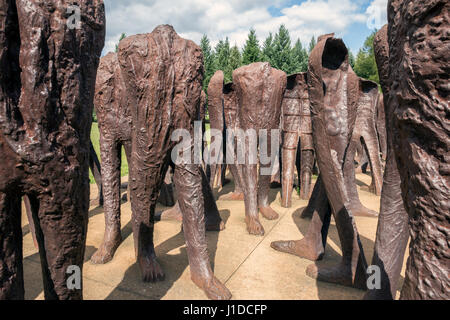 Posen, Polen - 20. August 2014: Iron 2 Meter hohe kopflosen Figuren marschieren ziellos durch den Park der Zitadelle in Posen. Das Denkmal wird Unrecog genannt. Stockfoto