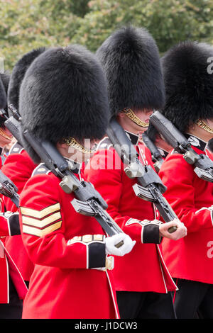 LONDON - 1. Juli 2015: Britische königliche Garde Durchführung der Wachablösung am Buckingham Palace. Die Zeremonie ist eine der beliebtesten Sehenswürdigkeiten in Lo Stockfoto