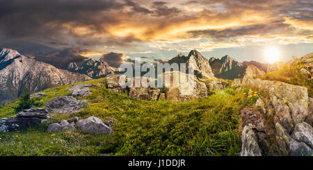 Zusammengesetzte Panorama der Löwenzahn unter den Felsen in der hohen Tatra Bergrücken in der Ferne. Schöne Landschaft am Sommer Sonnenuntergang mit bewölktem Himmel Stockfoto