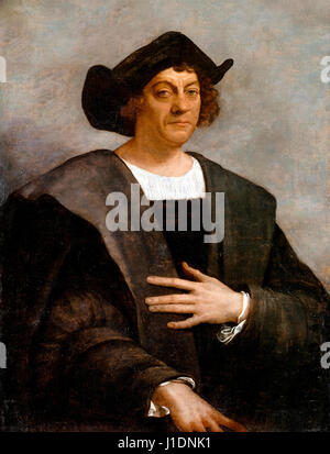 "Porträt eines Mannes, sagte Christopher Columbus sein" Ölgemälde 1519 von Sebastiano del Piombo. Digital verändert (Hintergrund erweitert und Formulierung entfernt). Stockfoto
