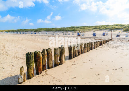 Hölzernen Wellenbrecher auf Kampen Sandstrand, Insel Sylt, Deutschland Stockfoto