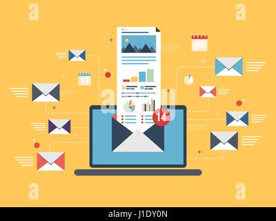 Laptop mit Umschlag und geöffnete e-Mail auf dem Bildschirm. E-Mail-Marketing, Internet Werbung Konzepte. Flache Vektor-Illustration. Stock Vektor