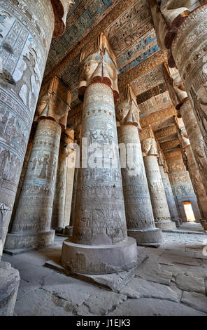 Spalten des Hathor-Tempels in ptolemäischen Dendera Tempel Komplex, Qena, Ägypten, Afrika Stockfoto