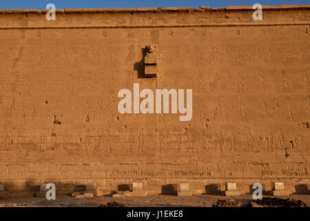 Hieroglyphen auf äußere Wand Hathor Tempel in ptolemäischen Dendera Tempel Komplex, Qena, Ägypten, Afrika Stockfoto