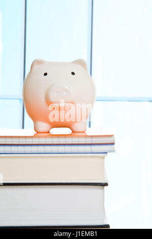 Ein Schuss von Sparschwein von oben aus einem Stapel von Büchern in einem Klassenzimmer Stockfoto