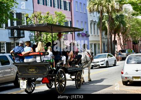 Pferdekutsche Kutsche durch Regenbogen Reihe Charleston, South Carolina Stockfoto