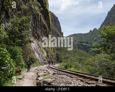 Reisende zu Fuß auf dem Inka Trail von Machu Picchu, Cusco Region, Urubamba Provinz, Bezirk von Machu Picchu, Peru Stockfoto