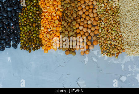 Getreide-Hintergrund: Kichererbsen, Erbsen, Linsen, grüne Buchweizen, schwarze Bohnen, Sesam. Stockfoto