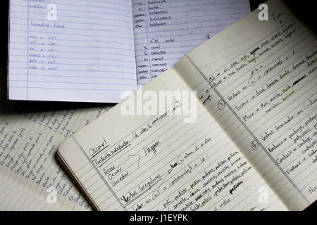 Erlernen einer neuen Sprache mit spanischen Notizen geschrieben in Notebooks von Schule / Studium Stockfoto