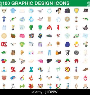 100 Graphic Design-Ikonen stellen, cartoon-Stil Stock Vektor