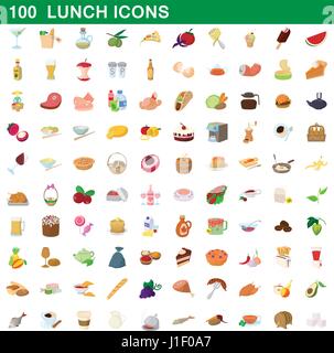 100 Mittagessen Icons set, cartoon-Stil Stock Vektor